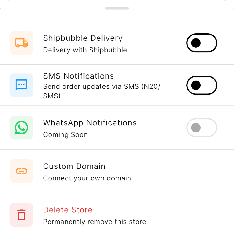 Store settings in the KarryBiz app