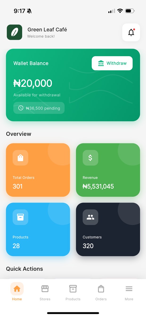 KarryBiz app dashboard showing revenue and recent orders